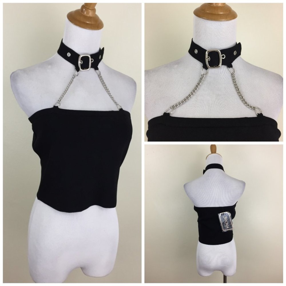 NWT BALBOA FASHION Black Silver Chains Adjustable Buckle Cropped Top